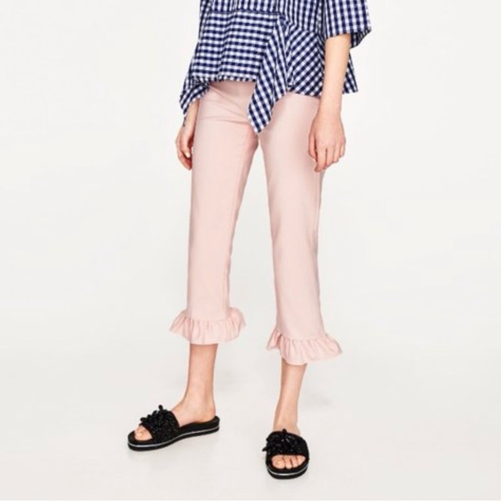 ZARA NWOT High Rise Stretch Pink Ruffle Hem Cropped Pants with Silver Side Zip